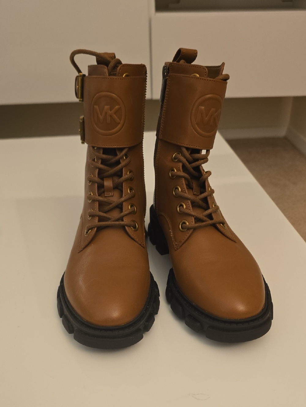 Michael Kors Cognac Leather Lace-Up Combat Boots